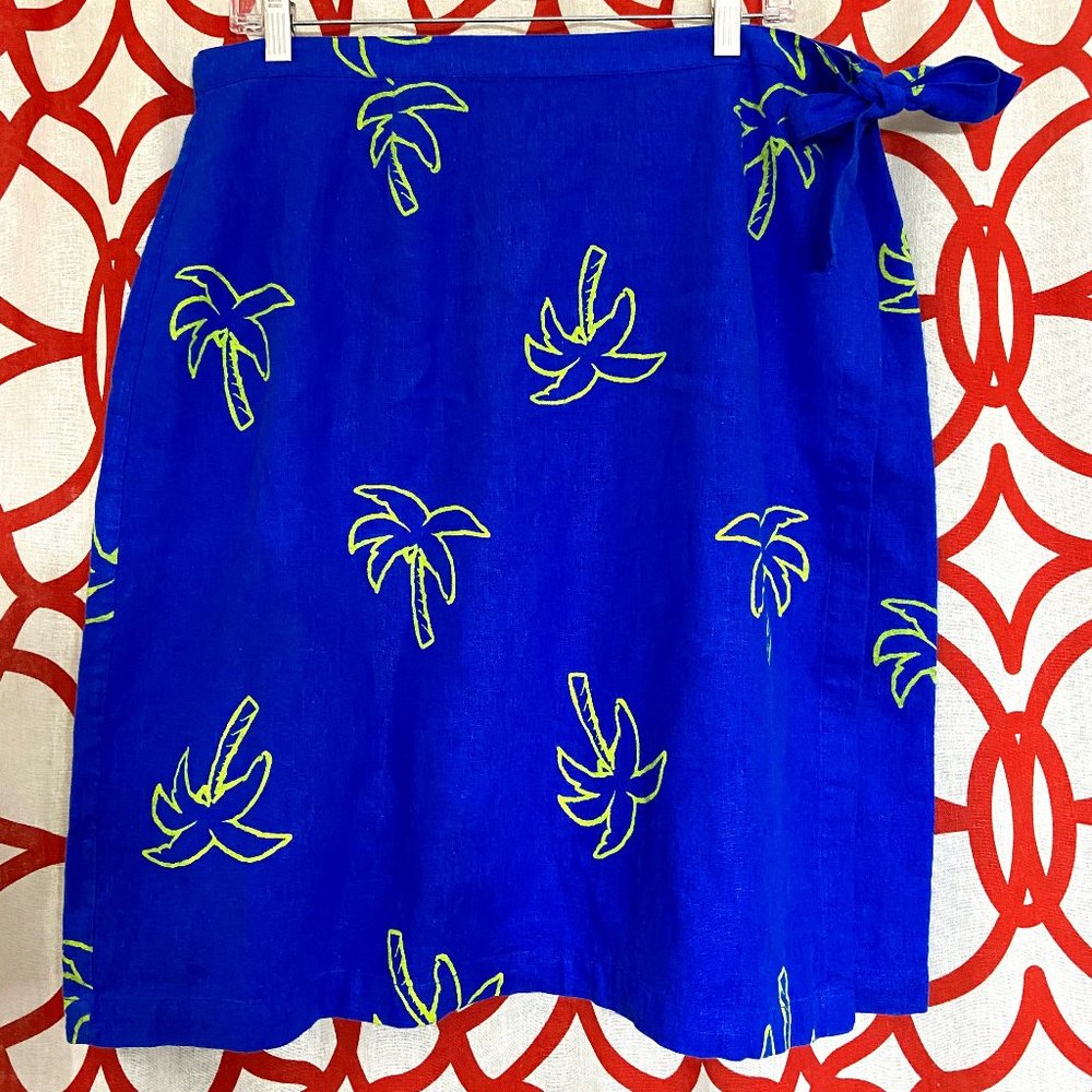 Beachy Palm Tree Linen Wrap Skirt w/Tie